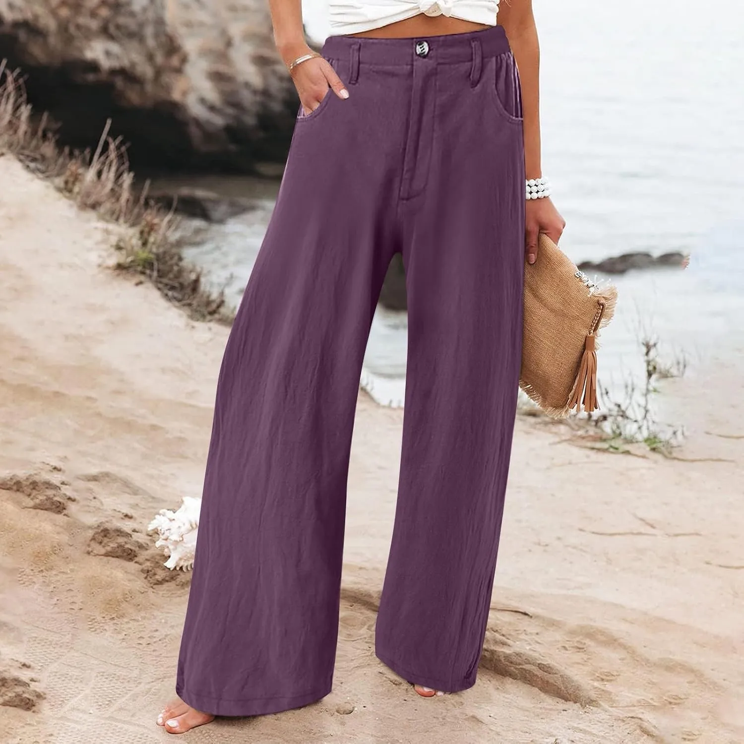 Women's Cotton Linen Palazzo Pants,High Waisted Wide Leg Lounge Trousers Summer Boho Beach Yoga Pants with Pockets