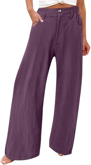 Women's Cotton Linen Palazzo Pants,High Waisted Wide Leg Lounge Trousers Summer Boho Beach Yoga Pants with Pockets