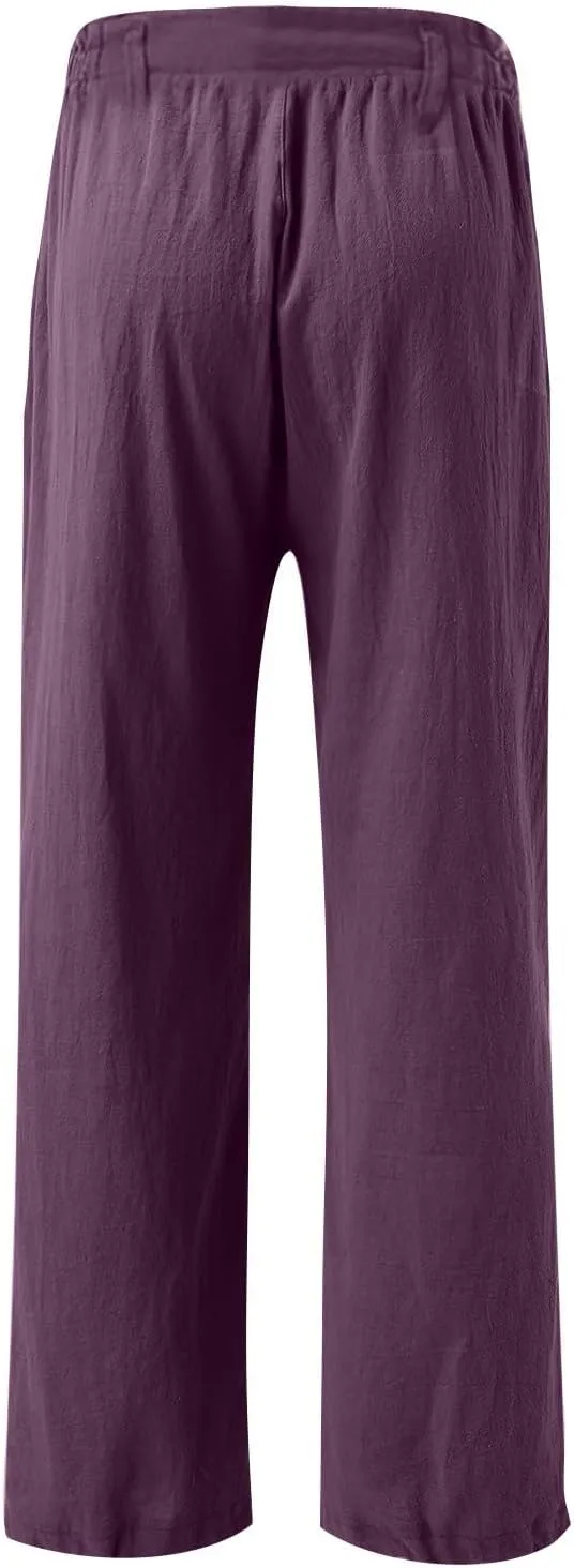 Women's Cotton Linen Palazzo Pants,High Waisted Wide Leg Lounge Trousers Summer Boho Beach Yoga Pants with Pockets