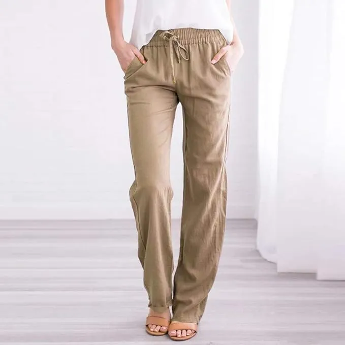 Women's Cotton Linen Pants 2025 Summer Elastic Waist Straight Leg Relax Comfy Solid Color Casual Lounge Long Trouser