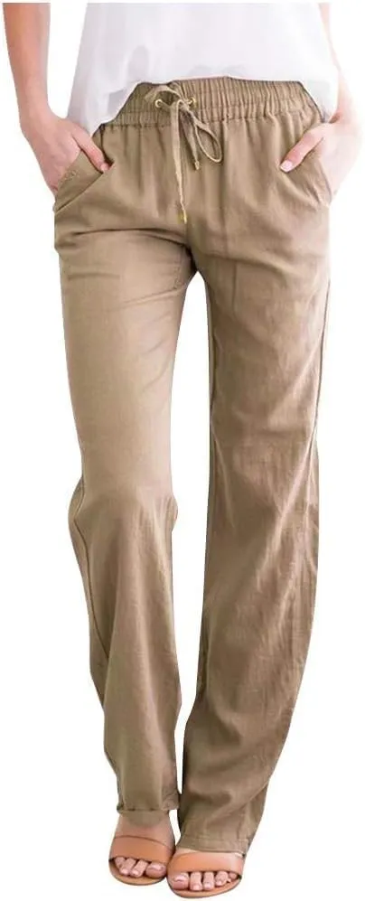 Women's Cotton Linen Pants 2025 Summer Elastic Waist Straight Leg Relax Comfy Solid Color Casual Lounge Long Trouser