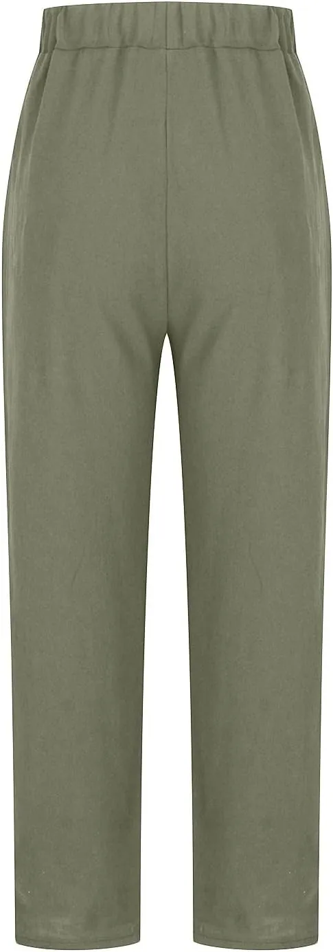 Women's Cotton Linen Pants Casual Summer Capris Elastic Waist Straight Wide Leg Loose Cropped Trousers with Pockets