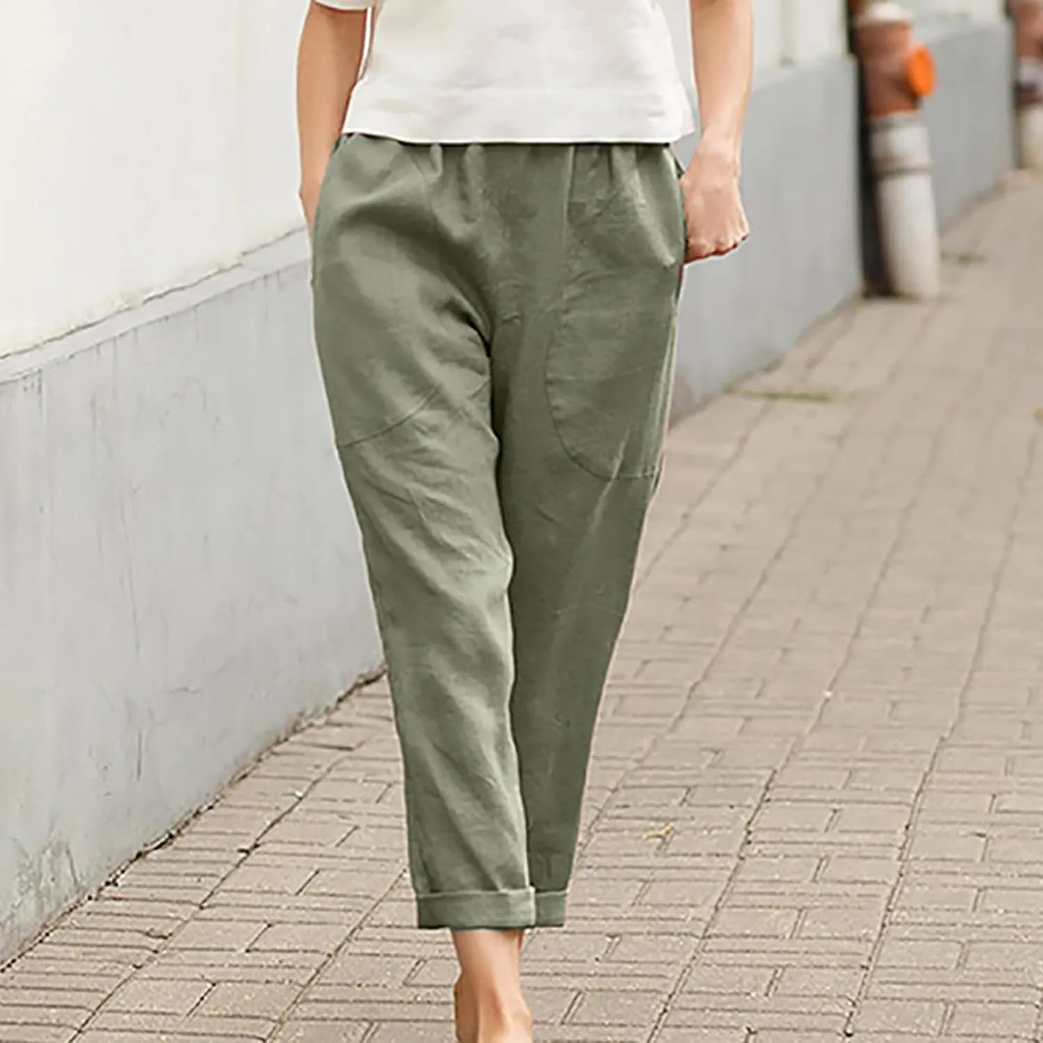 Women's Cotton Linen Pants Casual Summer Capris Elastic Waist Straight Wide Leg Loose Cropped Trousers with Pockets