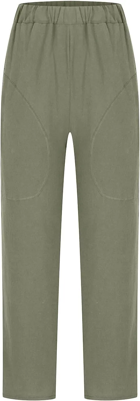Women's Cotton Linen Pants Casual Summer Capris Elastic Waist Straight Wide Leg Loose Cropped Trousers with Pockets
