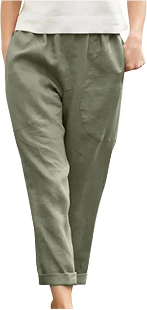 Women's Cotton Linen Pants Casual Summer Capris Elastic Waist Straight Wide Leg Loose Cropped Trousers with Pockets