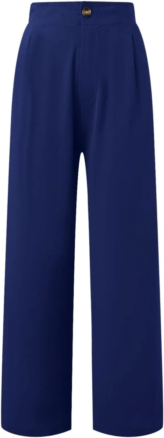 Womens Cotton Linen Pants High Waisted Button Up Summer Beach Pants Wide Leg Baggy Casual Flowy Dressy Trousers