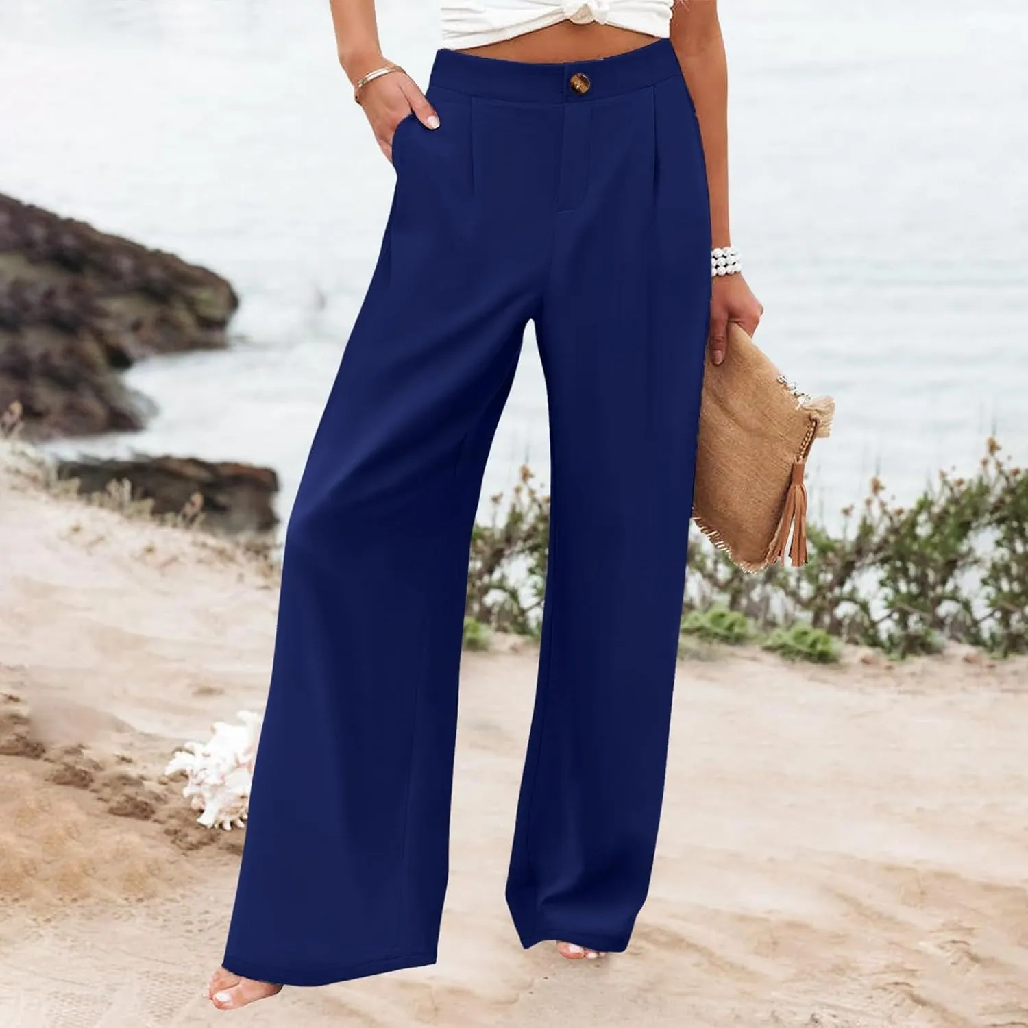 Womens Cotton Linen Pants High Waisted Button Up Summer Beach Pants Wide Leg Baggy Casual Flowy Dressy Trousers