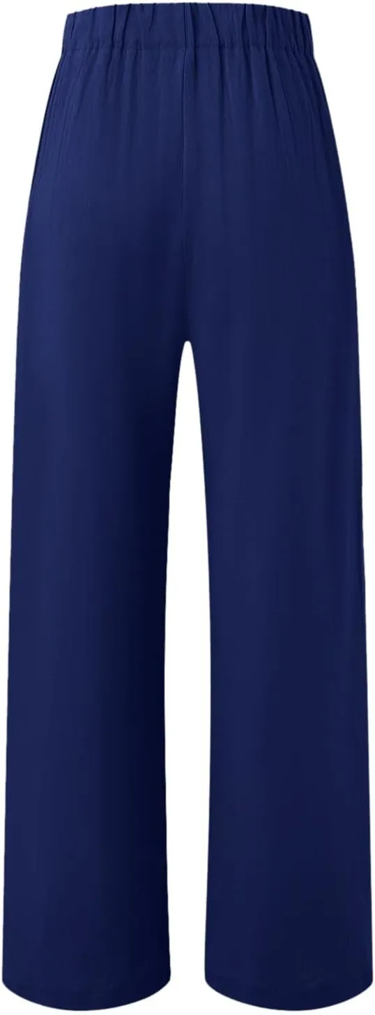Womens Cotton Linen Pants High Waisted Button Up Summer Beach Pants Wide Leg Baggy Casual Flowy Dressy Trousers