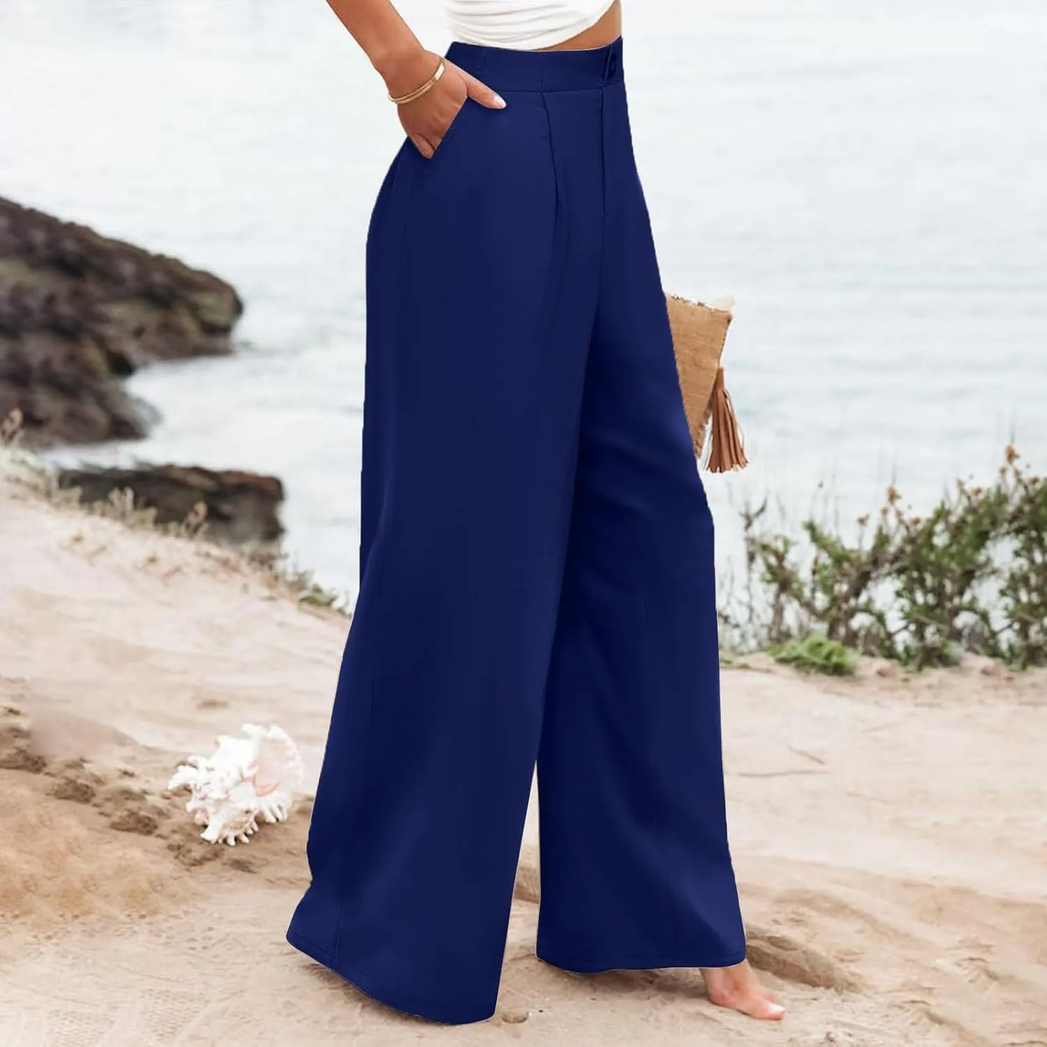 Womens Cotton Linen Pants High Waisted Button Up Summer Beach Pants Wide Leg Baggy Casual Flowy Dressy Trousers