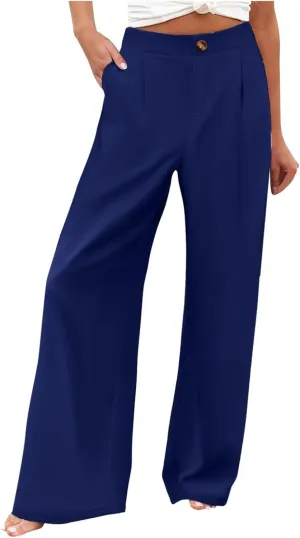 Womens Cotton Linen Pants High Waisted Button Up Summer Beach Pants Wide Leg Baggy Casual Flowy Dressy Trousers
