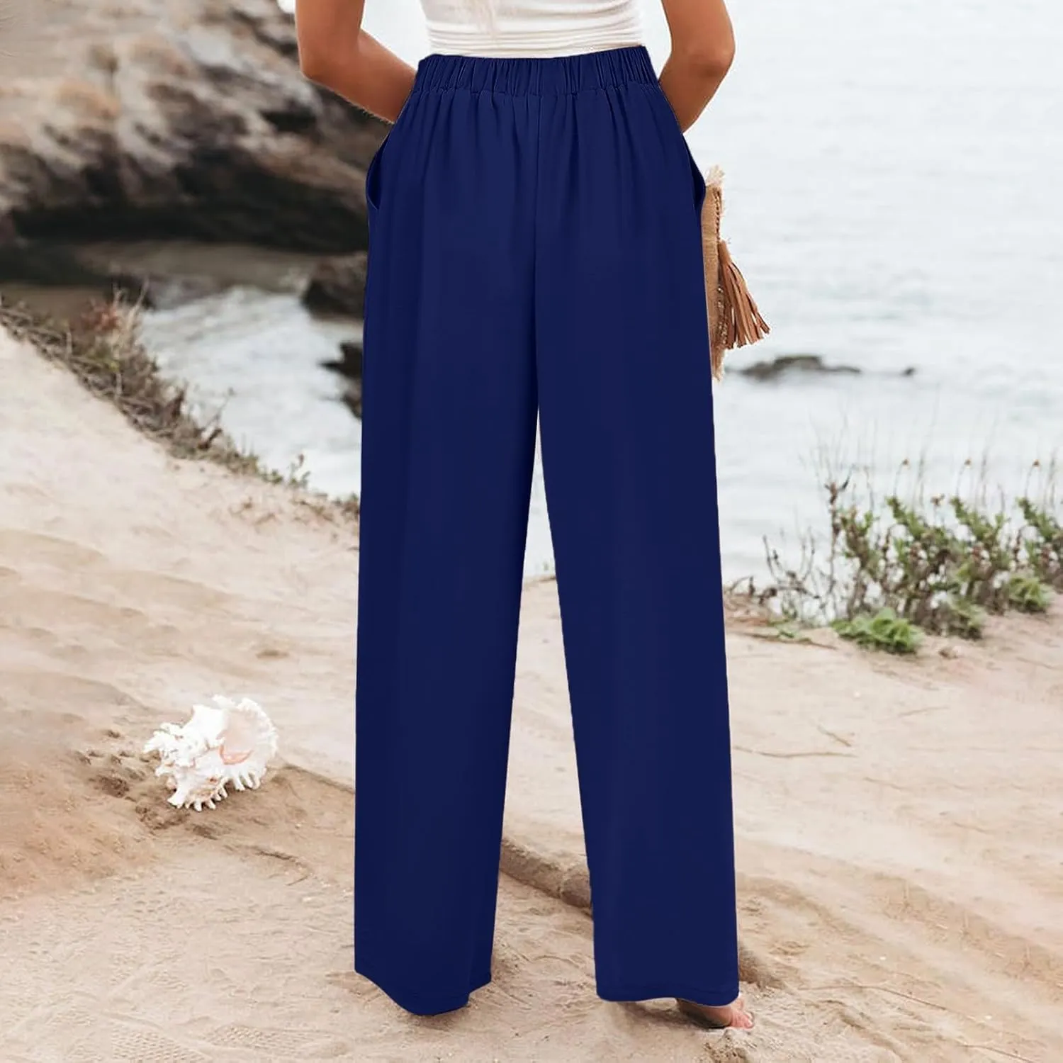 Womens Cotton Linen Pants High Waisted Button Up Summer Beach Pants Wide Leg Baggy Casual Flowy Dressy Trousers