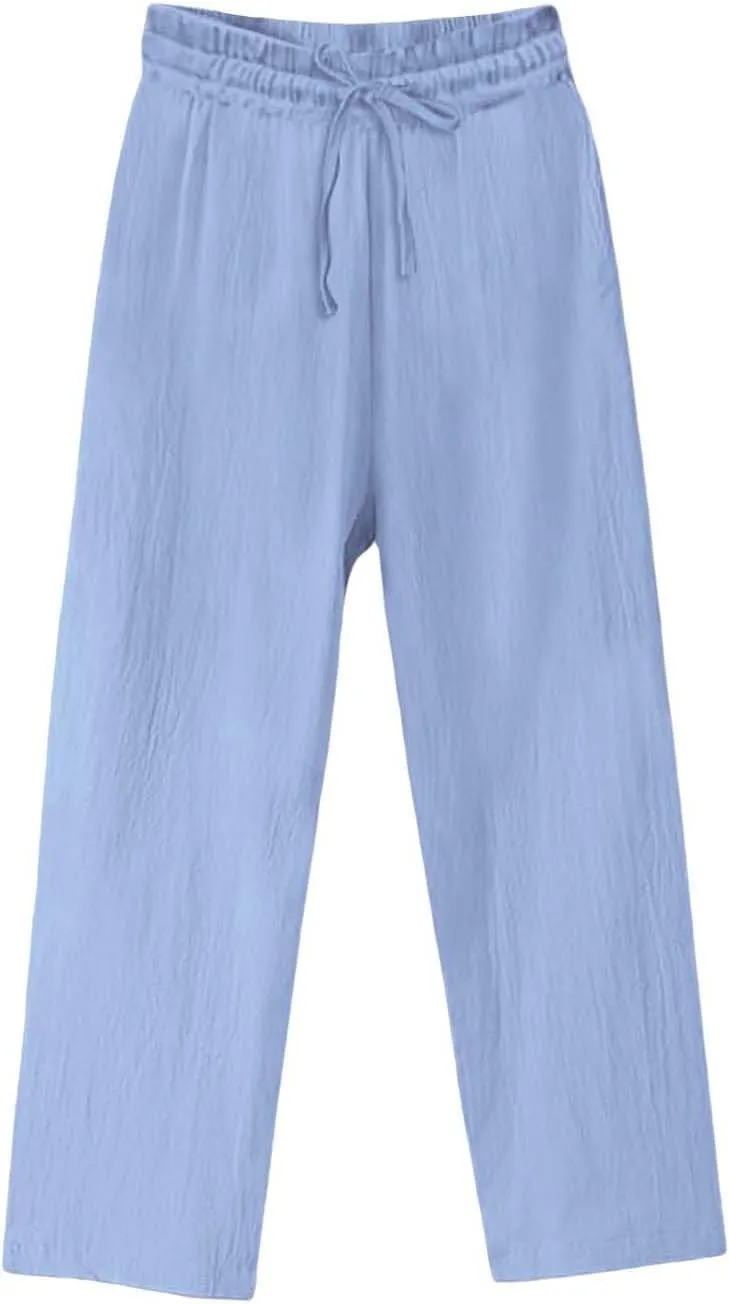Womens Cotton Linen Pants Pants Fashion Drawstring Elastic Trousers Comfy Sports Athletic Lounge Pants with Pockets