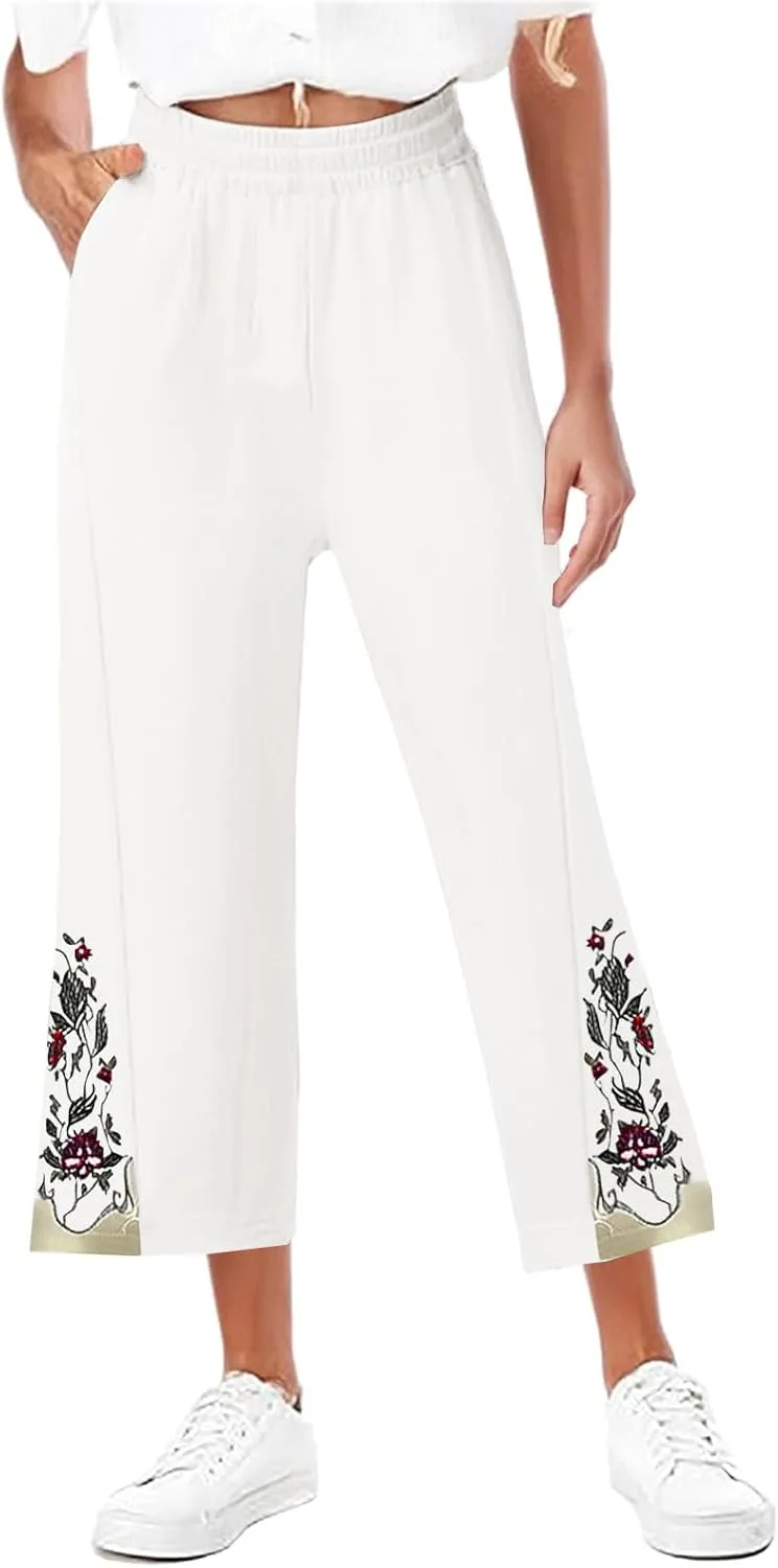 Womens Cotton Linen Pants Summer Casual Wide Leg Palazzo Pants Floral Embroidery High Waist Work Slack Beach Trouser