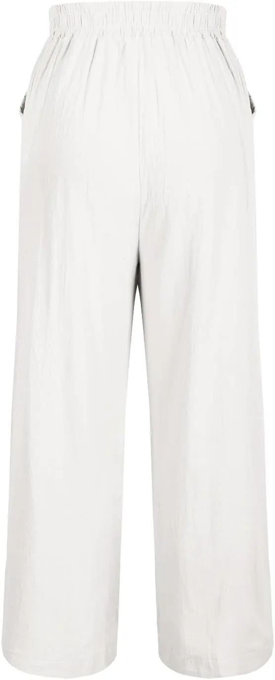 Womens Cotton Linen Pants Summer Casual Wide Leg Palazzo Pants Floral Embroidery High Waist Work Slack Beach Trouser