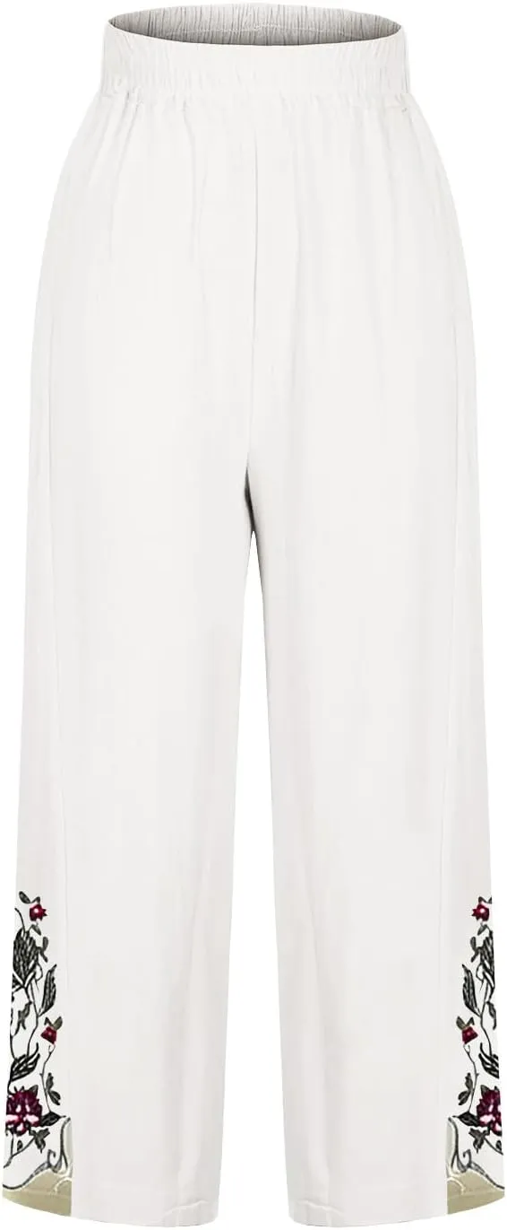 Womens Cotton Linen Pants Summer Casual Wide Leg Palazzo Pants Floral Embroidery High Waist Work Slack Beach Trouser