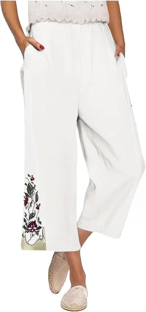 Womens Cotton Linen Pants Summer Casual Wide Leg Palazzo Pants Floral Embroidery High Waist Work Slack Beach Trouser