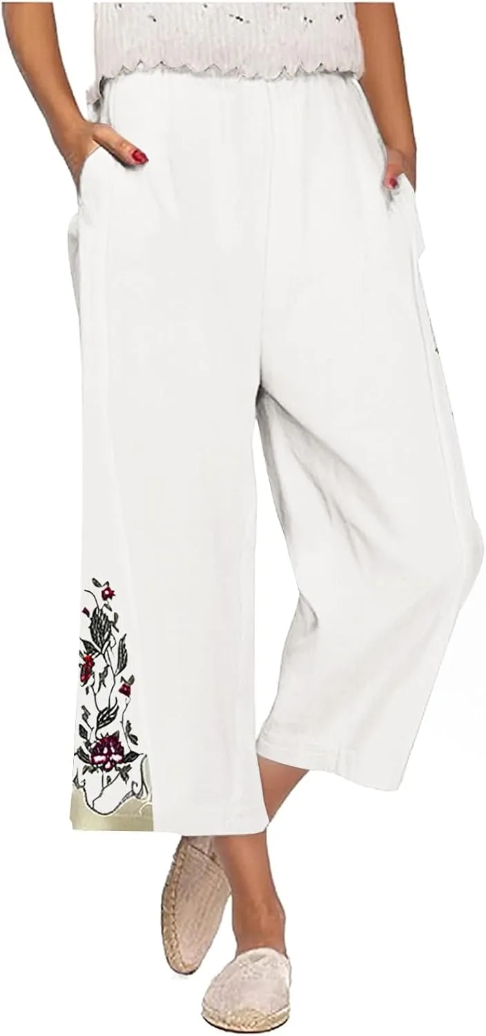 Womens Cotton Linen Pants Summer Casual Wide Leg Palazzo Pants Floral Embroidery High Waist Work Slack Beach Trouser