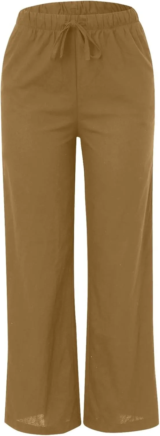 Women's Cotton Linen Pants Summer Palazzo Pant Flowy Wide Leg Beach Trousers with Pockets