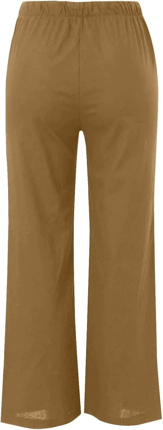 Women's Cotton Linen Pants Summer Palazzo Pant Flowy Wide Leg Beach Trousers with Pockets
