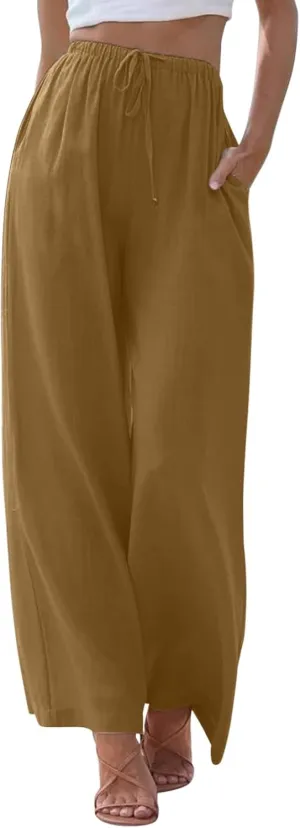 Women's Cotton Linen Pants Summer Palazzo Pant Flowy Wide Leg Beach Trousers with Pockets