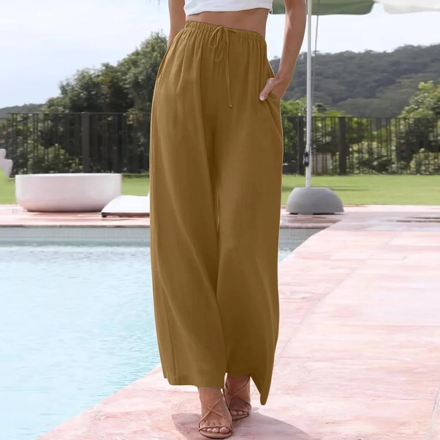 Women's Cotton Linen Pants Summer Palazzo Pant Flowy Wide Leg Beach Trousers with Pockets