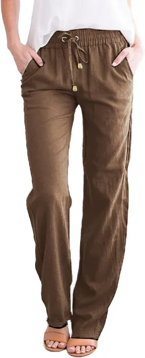 Women's Cotton Linen Straight Leg Pants Casual Summer Loose Sweatpants Tapered Ankle Capris Cropped Beach Trousers