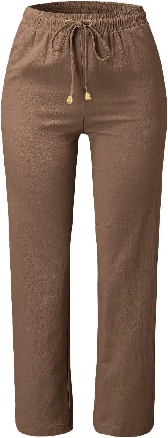Women's Cotton Linen Straight Leg Pants Casual Summer Loose Sweatpants Tapered Ankle Capris Cropped Beach Trousers