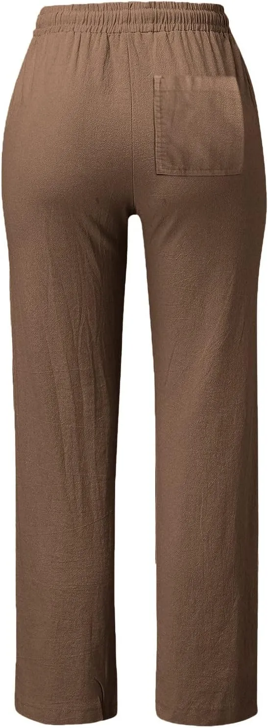 Women's Cotton Linen Straight Leg Pants Casual Summer Loose Sweatpants Tapered Ankle Capris Cropped Beach Trousers