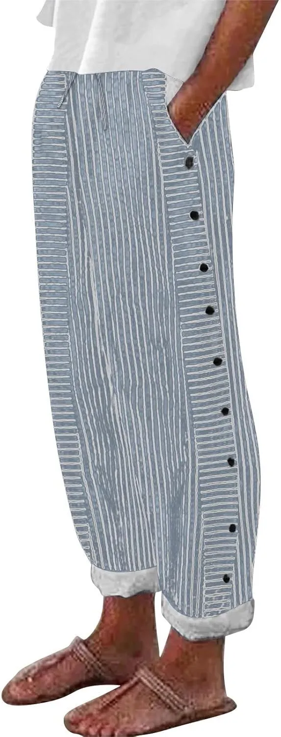 Women's Cotton Linen Straight Trousers Loose Fit High-Waist Pants with Side Buttons for Vacation