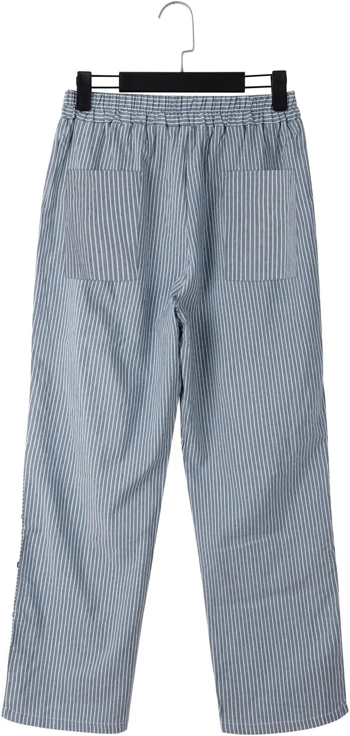 Women's Cotton Linen Straight Trousers Loose Fit High-Waist Pants with Side Buttons for Vacation