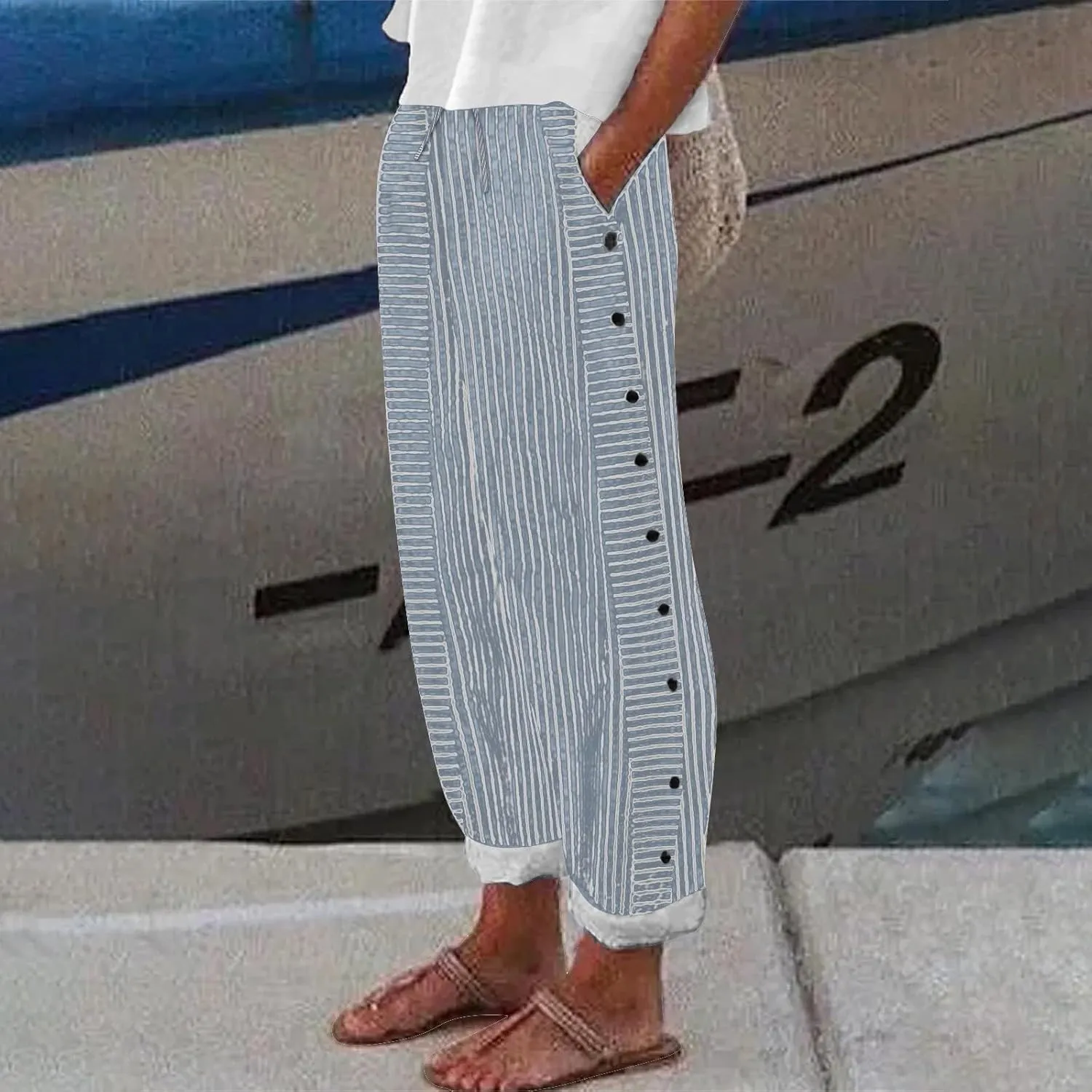 Women's Cotton Linen Straight Trousers Loose Fit High-Waist Pants with Side Buttons for Vacation
