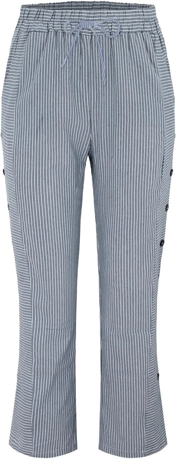Women's Cotton Linen Straight Trousers Loose Fit High-Waist Pants with Side Buttons for Vacation