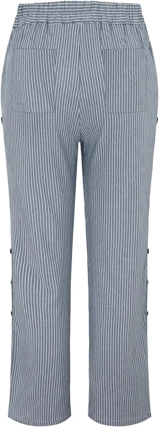 Women's Cotton Linen Straight Trousers Loose Fit High-Waist Pants with Side Buttons for Vacation