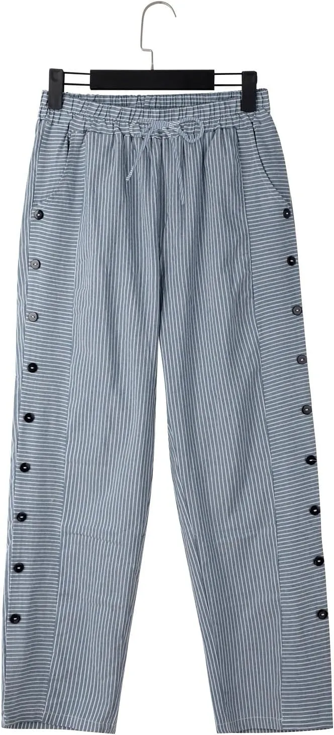 Women's Cotton Linen Straight Trousers Loose Fit High-Waist Pants with Side Buttons for Vacation