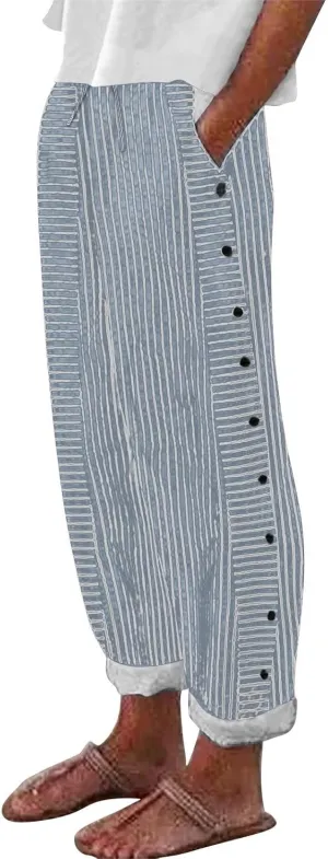Women's Cotton Linen Straight Trousers Loose Fit High-Waist Pants with Side Buttons for Vacation