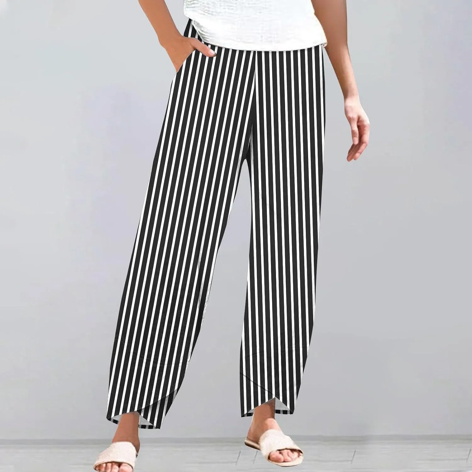 Womens Cotton Linen Striped Pants Wide Leg Comfy Cute Trousers Fashionable Loose Straight Pant for Outdoor Hiking Workout