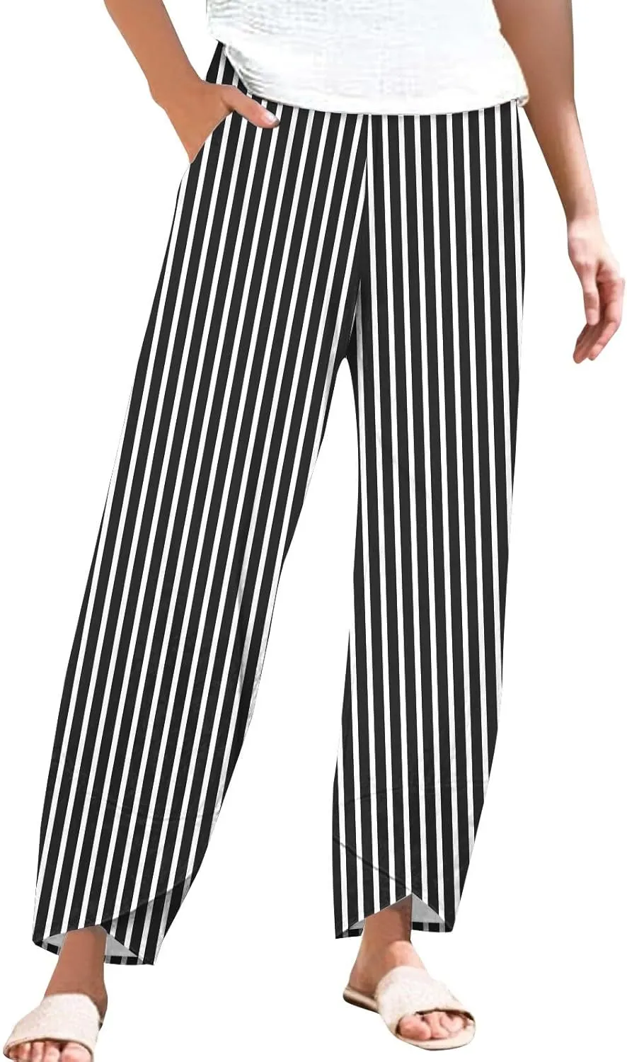 Womens Cotton Linen Striped Pants Wide Leg Comfy Cute Trousers Fashionable Loose Straight Pant for Outdoor Hiking Workout