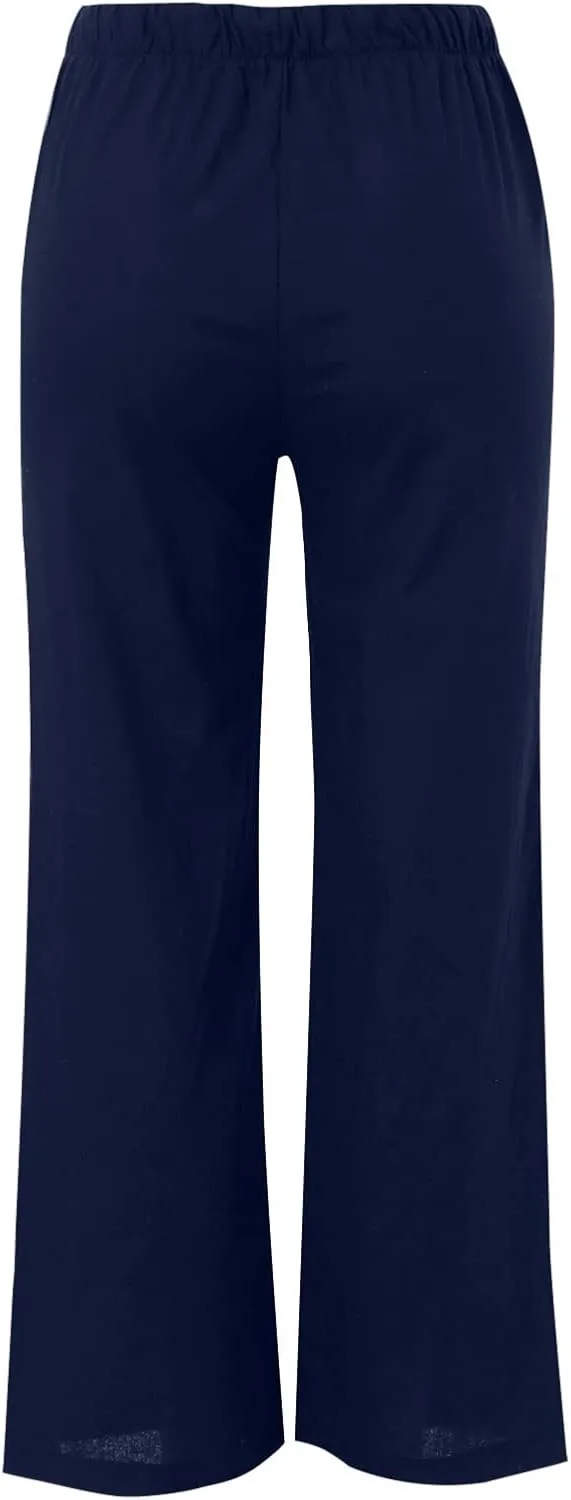 Womens Cotton Linen Summer Palazzo Pants Wide Leg Beach Flowy Trousers Drawstring Elastic Waist Slacks with Pockets