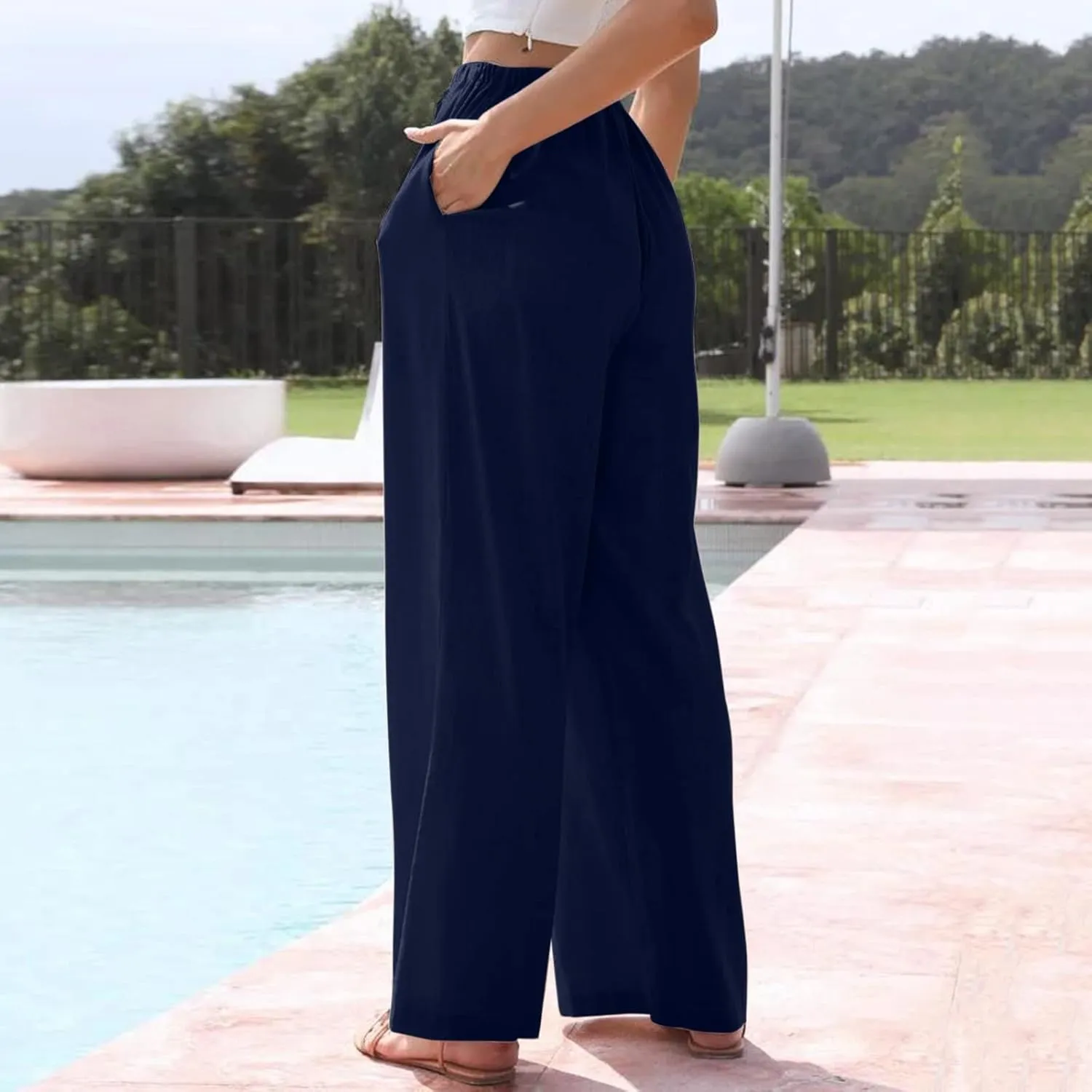 Womens Cotton Linen Summer Palazzo Pants Wide Leg Beach Flowy Trousers Drawstring Elastic Waist Slacks with Pockets