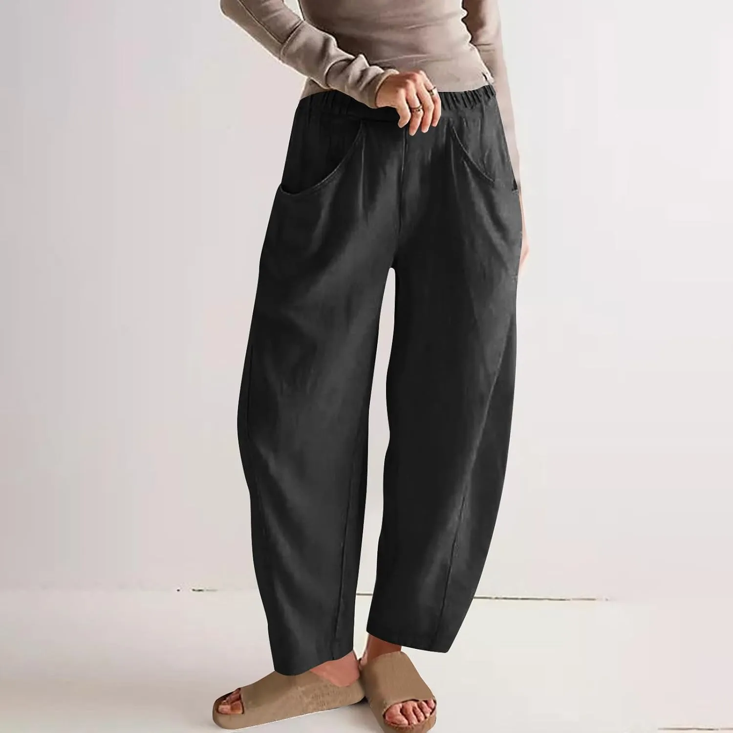 Womens Cotton Linen Wide Leg Pants Casual Summer Elastic High Waisted Palazzo Pants Beach Trousers with Pockets