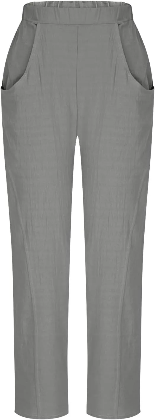 Womens Cotton Linen Wide Leg Pants Casual Summer Elastic High Waisted Palazzo Pants Beach Trousers with Pockets