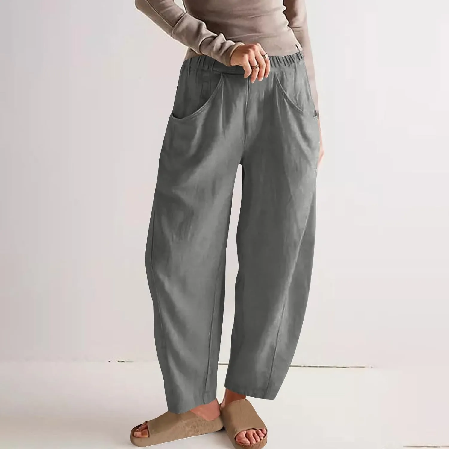 Womens Cotton Linen Wide Leg Pants Casual Summer Elastic High Waisted Palazzo Pants Beach Trousers with Pockets