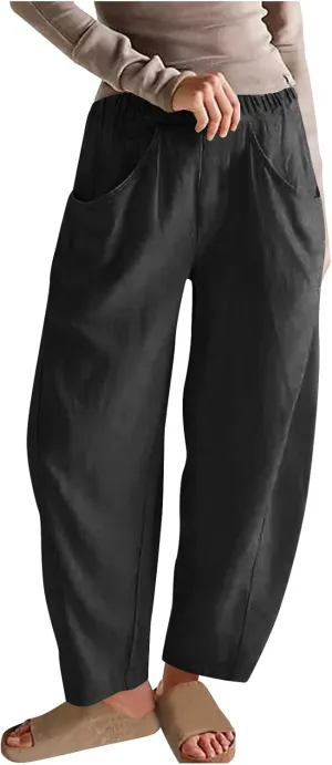 Womens Cotton Linen Wide Leg Pants Casual Summer Elastic High Waisted Palazzo Pants Beach Trousers with Pockets