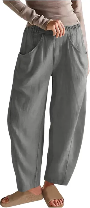 Womens Cotton Linen Wide Leg Pants Casual Summer Elastic High Waisted Palazzo Pants Beach Trousers with Pockets