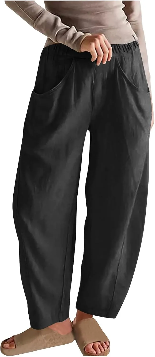 Womens Cotton Linen Wide Leg Pants Casual Summer Elastic High Waisted Palazzo Pants Beach Trousers with Pockets
