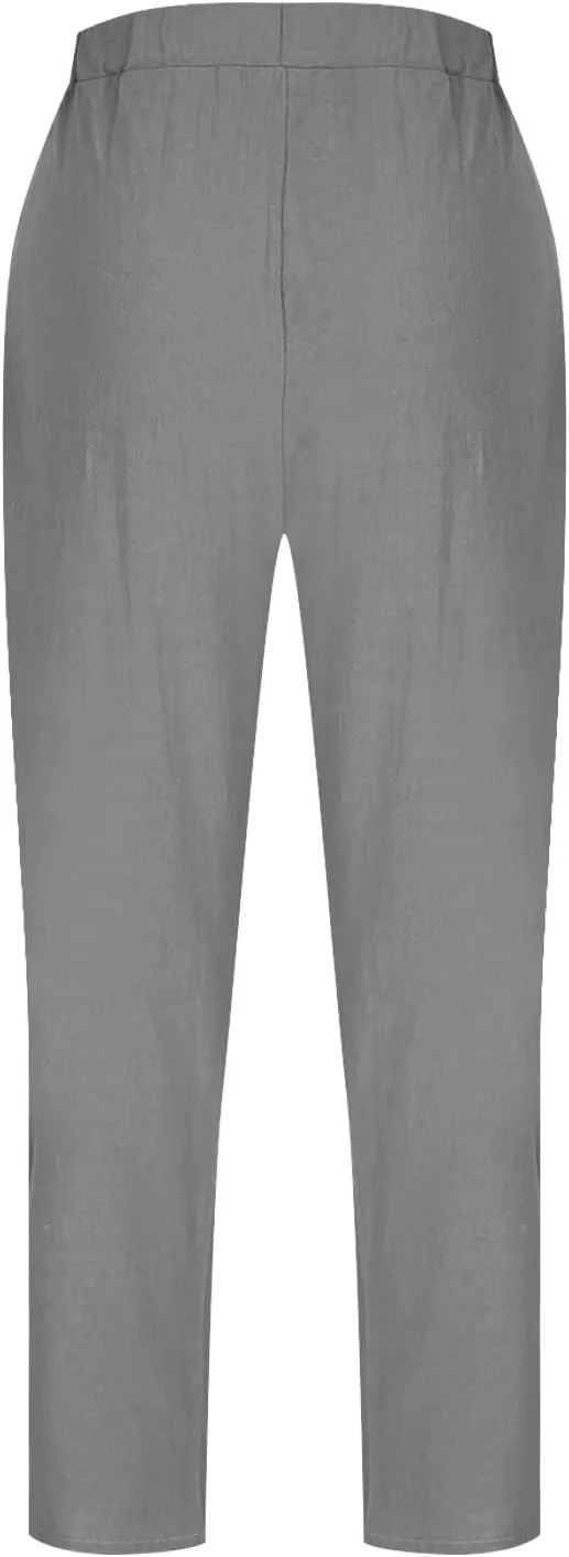 Womens Cotton Linen Wide Leg Pants Casual Summer Elastic High Waisted Palazzo Pants Beach Trousers with Pockets