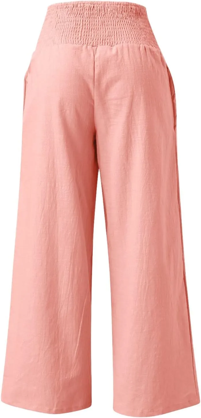 Women's Cotton Linen Wide Leg Pants High Waist Flowy Casual Trousers Palazzo Straight Comfy Pant for Vacation Summer