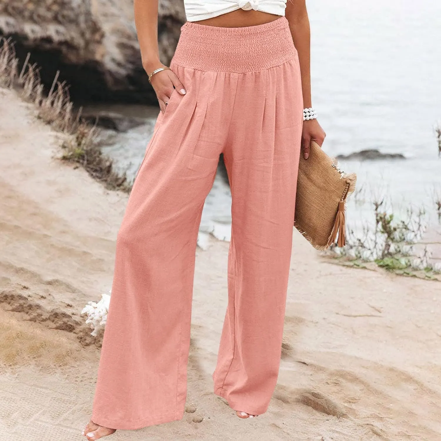 Women's Cotton Linen Wide Leg Pants High Waist Flowy Casual Trousers Palazzo Straight Comfy Pant for Vacation Summer
