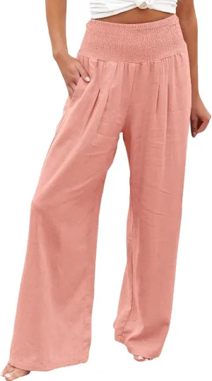 Women's Cotton Linen Wide Leg Pants High Waist Flowy Casual Trousers Palazzo Straight Comfy Pant for Vacation Summer