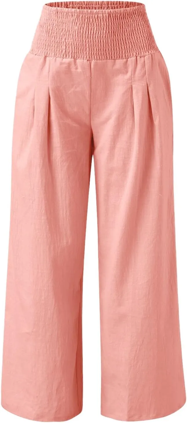 Women's Cotton Linen Wide Leg Pants High Waist Flowy Casual Trousers Palazzo Straight Comfy Pant for Vacation Summer